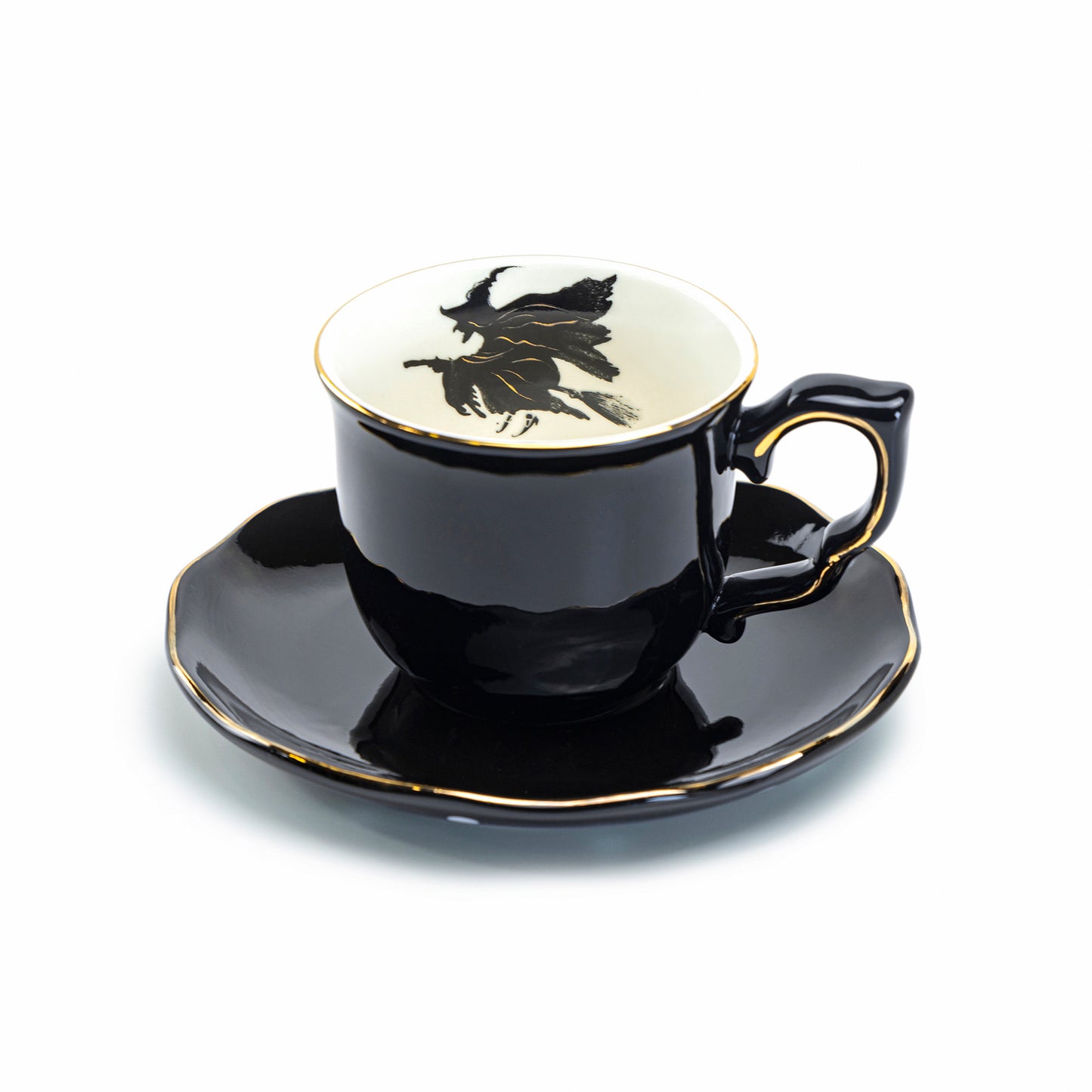 Flying Witch Black Gold Tea Cup and Saucer