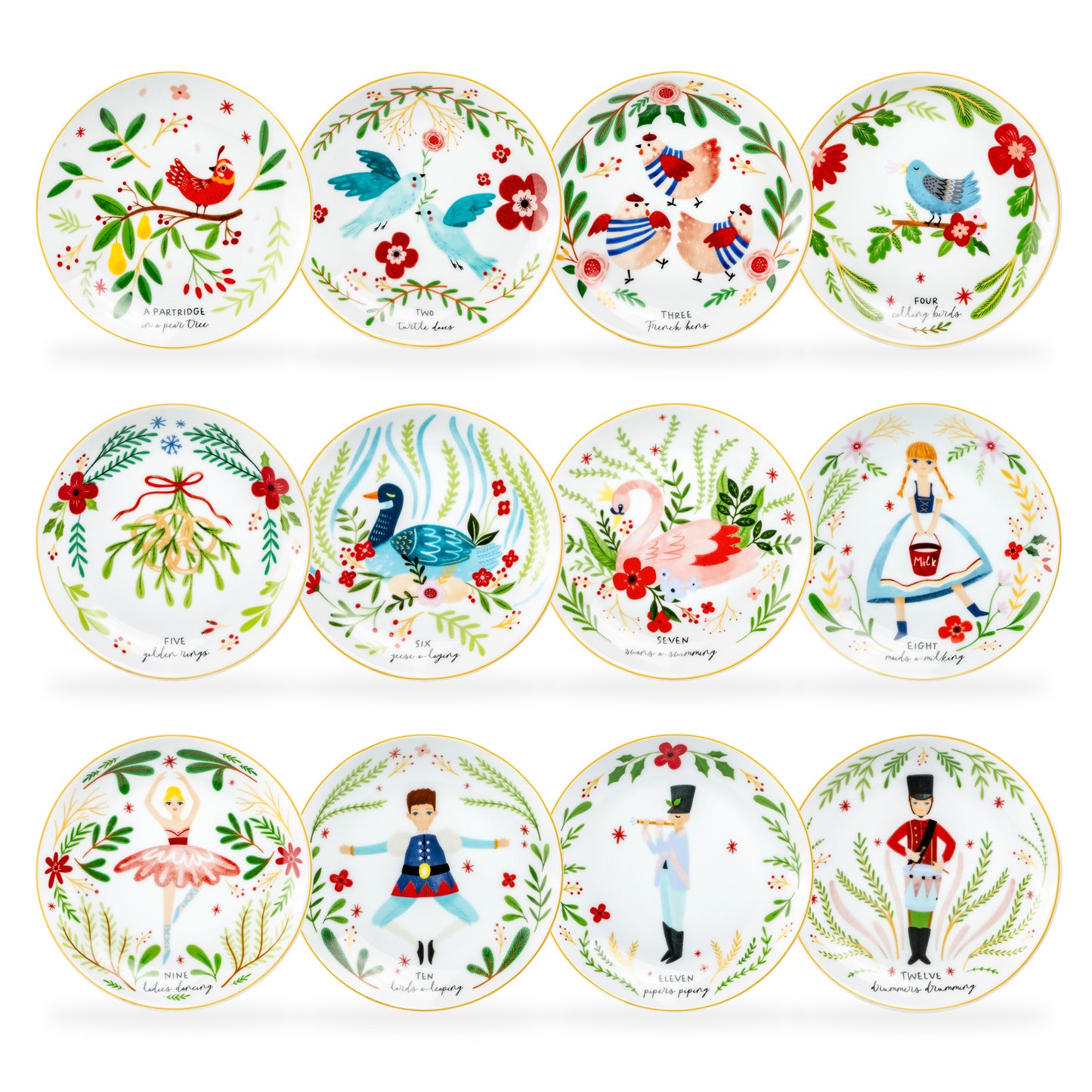 12 Days of Christmas Fine Porcelain Appetizer Plate Set - Gift Box Version