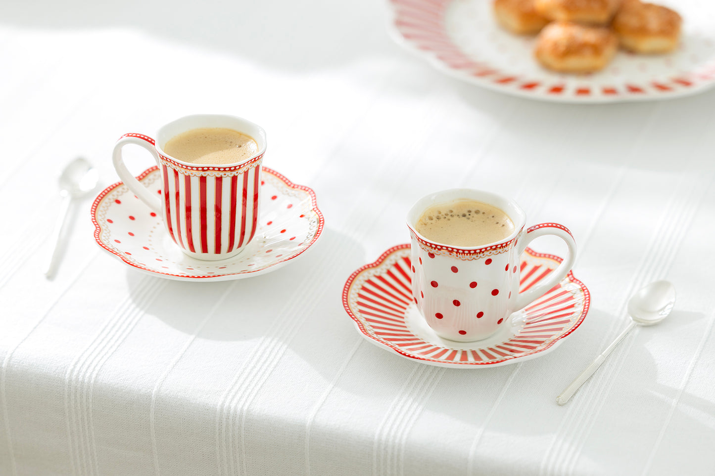 Gift Boxed Red Josephine Stripes and Dots 2oz Demitasse Cups and Saucers