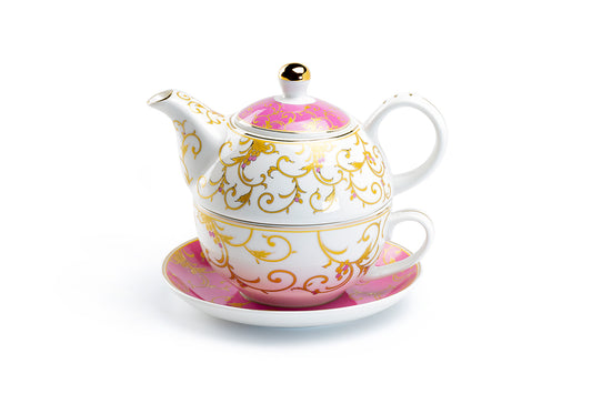 Pink Gold Scroll Fine Porcelain Tea For One Set