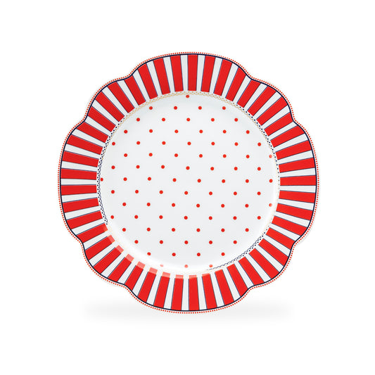 Red Josephine Stripes and Dots Scallop Fine Porcelain Dessert Plate