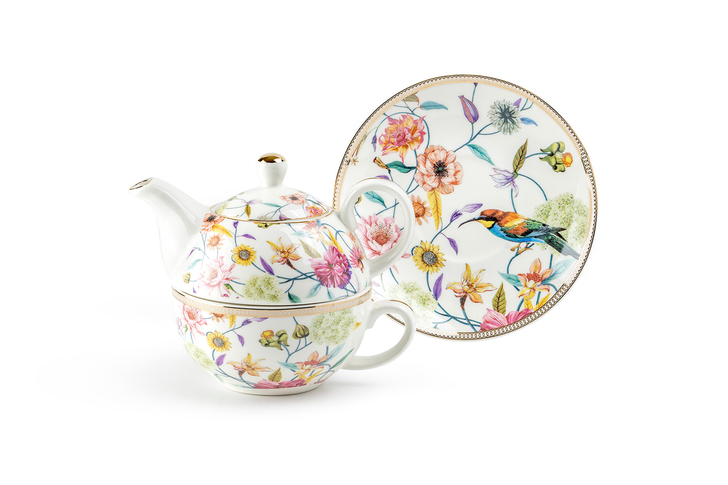 Spring Flowers with Hummingbird Fine Porcelain Tea For One Set