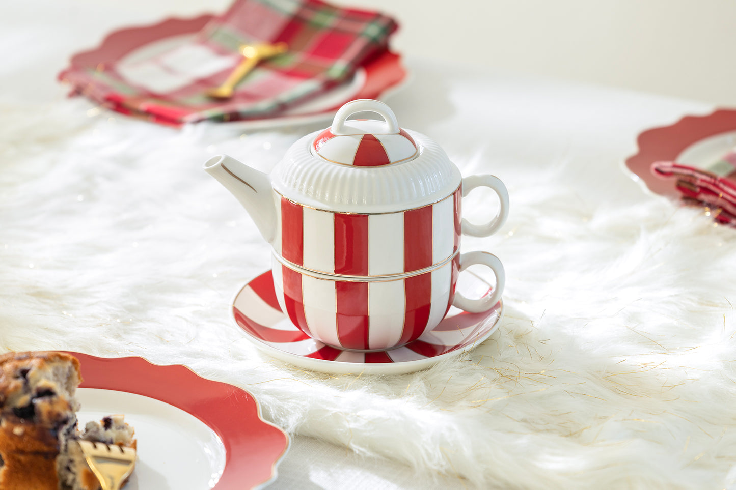 Red Carousel Stripes Fine Porcelain Tea For One Set