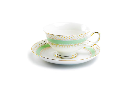 Mint Stripe with Gold Dots Fine Porcelain Tea Cup and Saucer