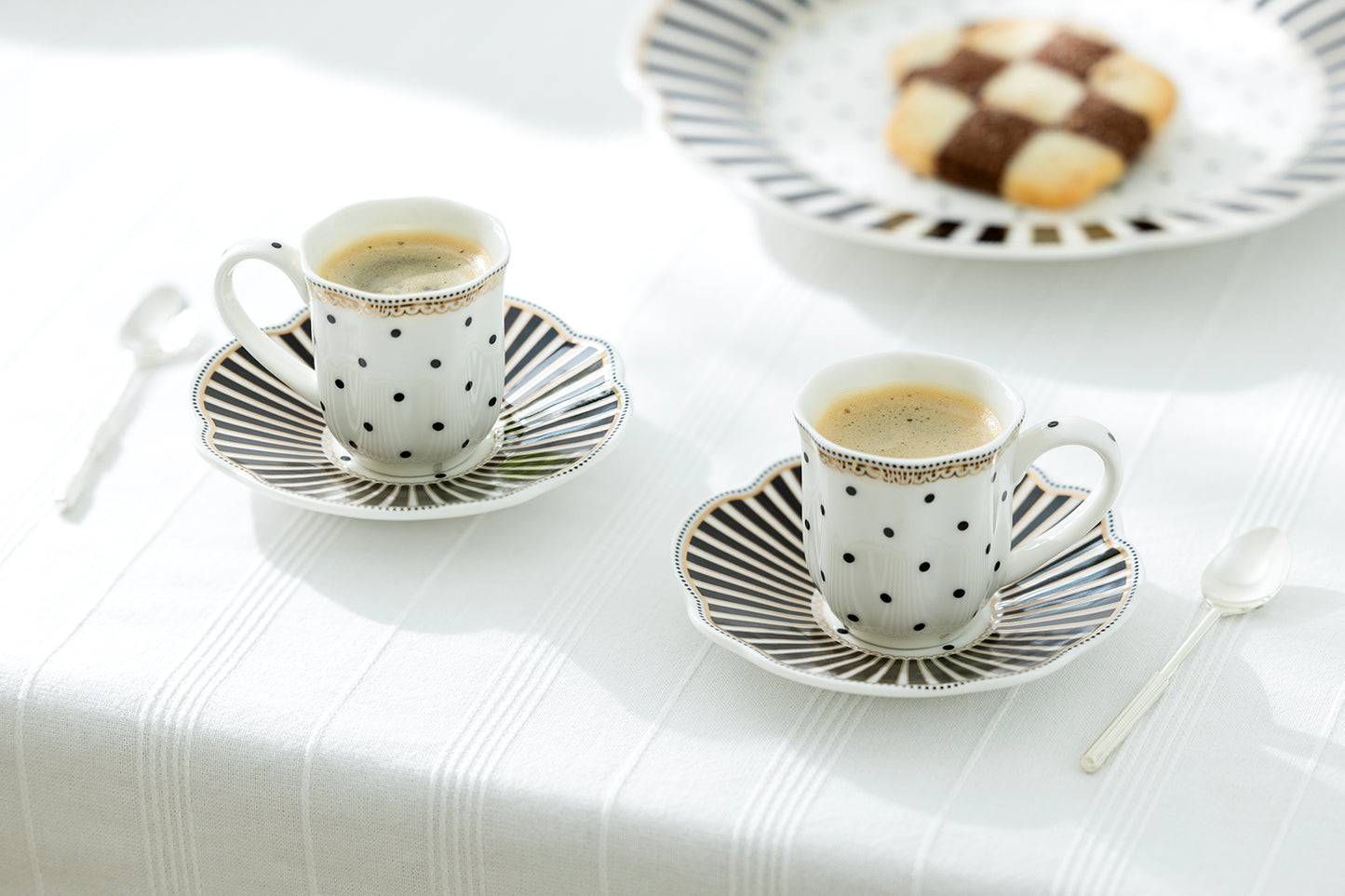 Gift Boxed Black Josephine Stripes and Dots 2oz Demitasse Cups and Saucers