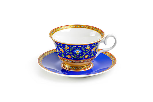 Royal Blue Floral Bone China Tea Cup and Saucer