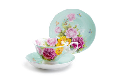 Rose Bouquet Mint Green Bone China Tea Cup and Saucer