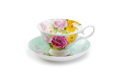 Rose Bouquet Mint Green Bone China Tea Cup and Saucer