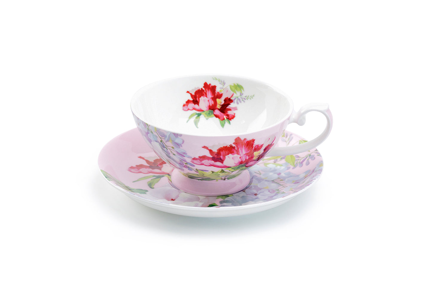 Red Peony Pink Bone China Cup and Saucer