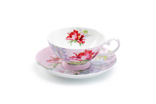 Red Peony Pink Bone China Cup and Saucer