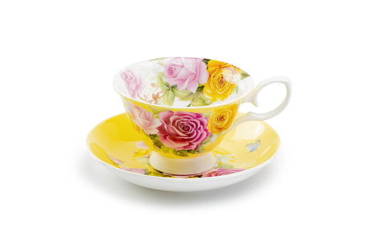 Rose Bouquet Yellow Bone China Tea Cup and Saucer