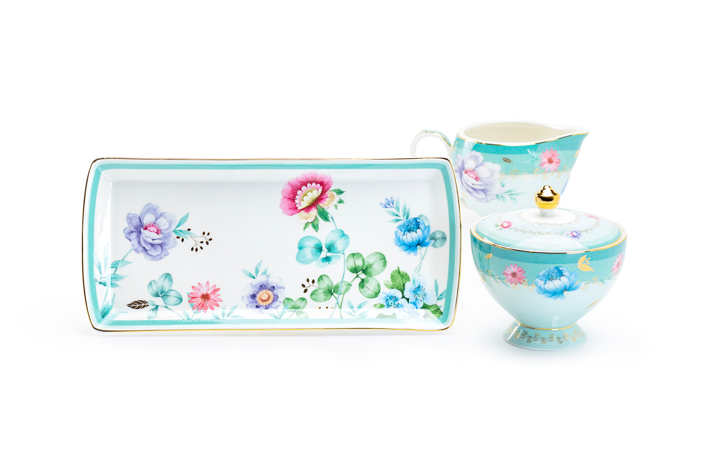 Mint Flower Garden Fine Porcelain Sugar Creamer & Serving Tray Set