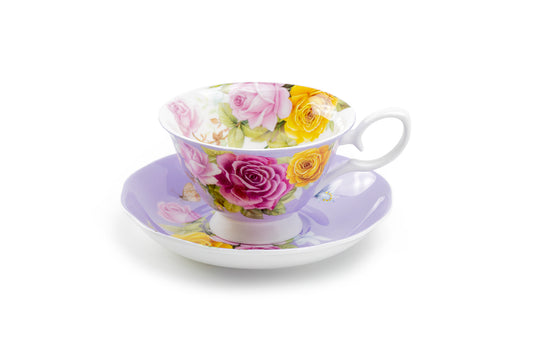 Rose Bouquet Purple Bone China Tea Cup and Saucer