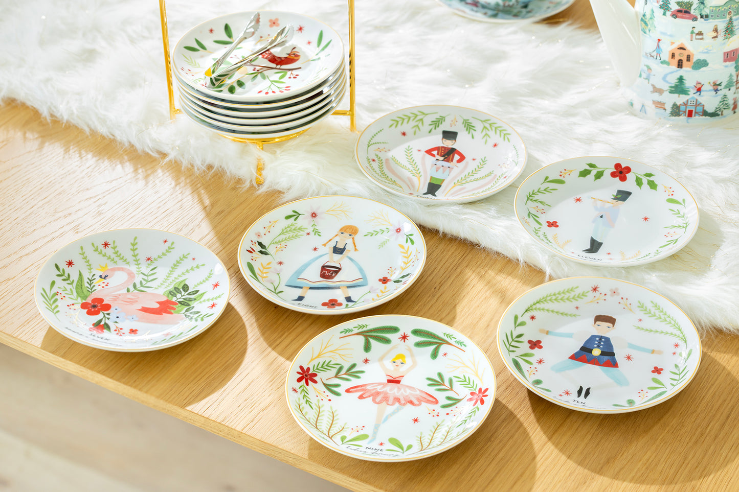 12 Days of Christmas Fine Porcelain Appetizer Plate Set - Metal Rack Version