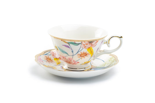 Spring Flowers with Hummingbird Fine Porcelain Fluted Tea Cup and Saucer