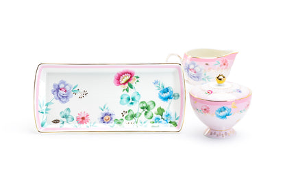 Pink Flower Garden Fine Porcelain Sugar Creamer & Serving Tray Set