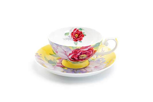 Red Peony Yellow Bone China Cup and Saucer
