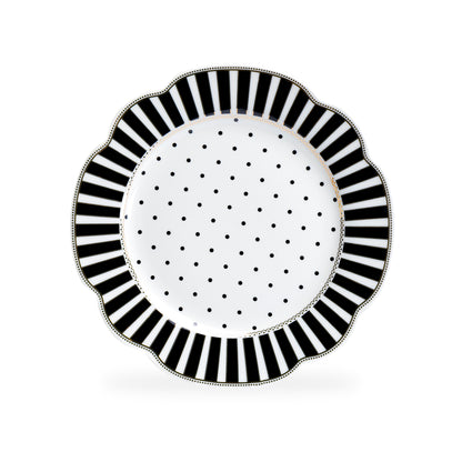 Black Josephine Stripes and Dots Scallop Fine Porcelain Dessert Plate