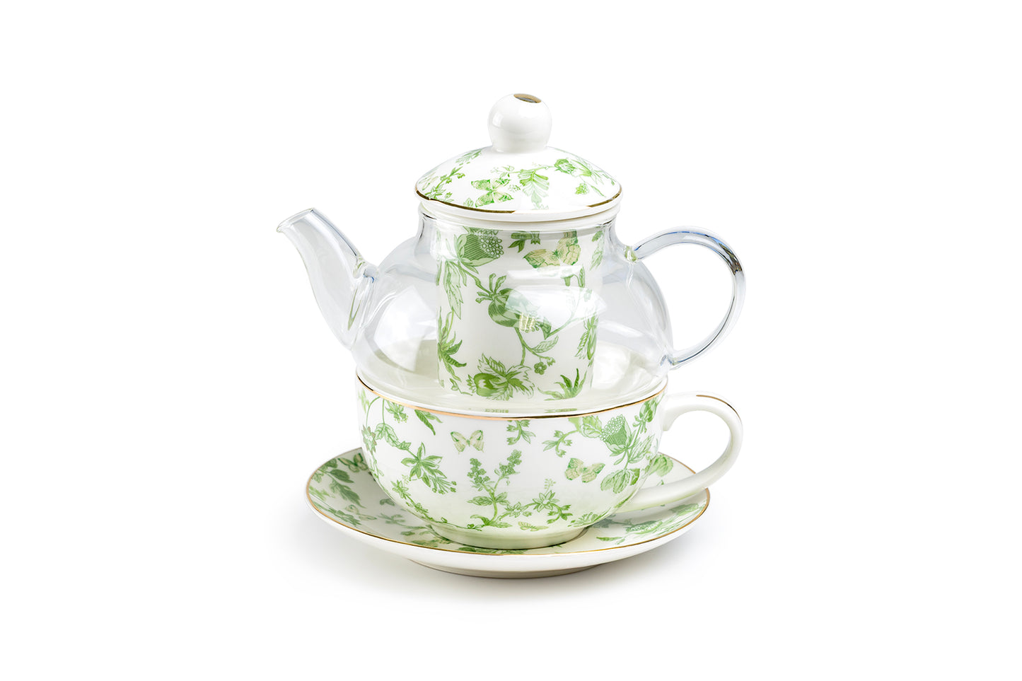 Greeny Garden Glass and Fine Porcelain Tea For One Set