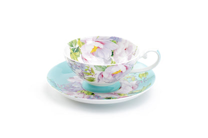 Peony Bloom Blue Bone China Cup and Saucer