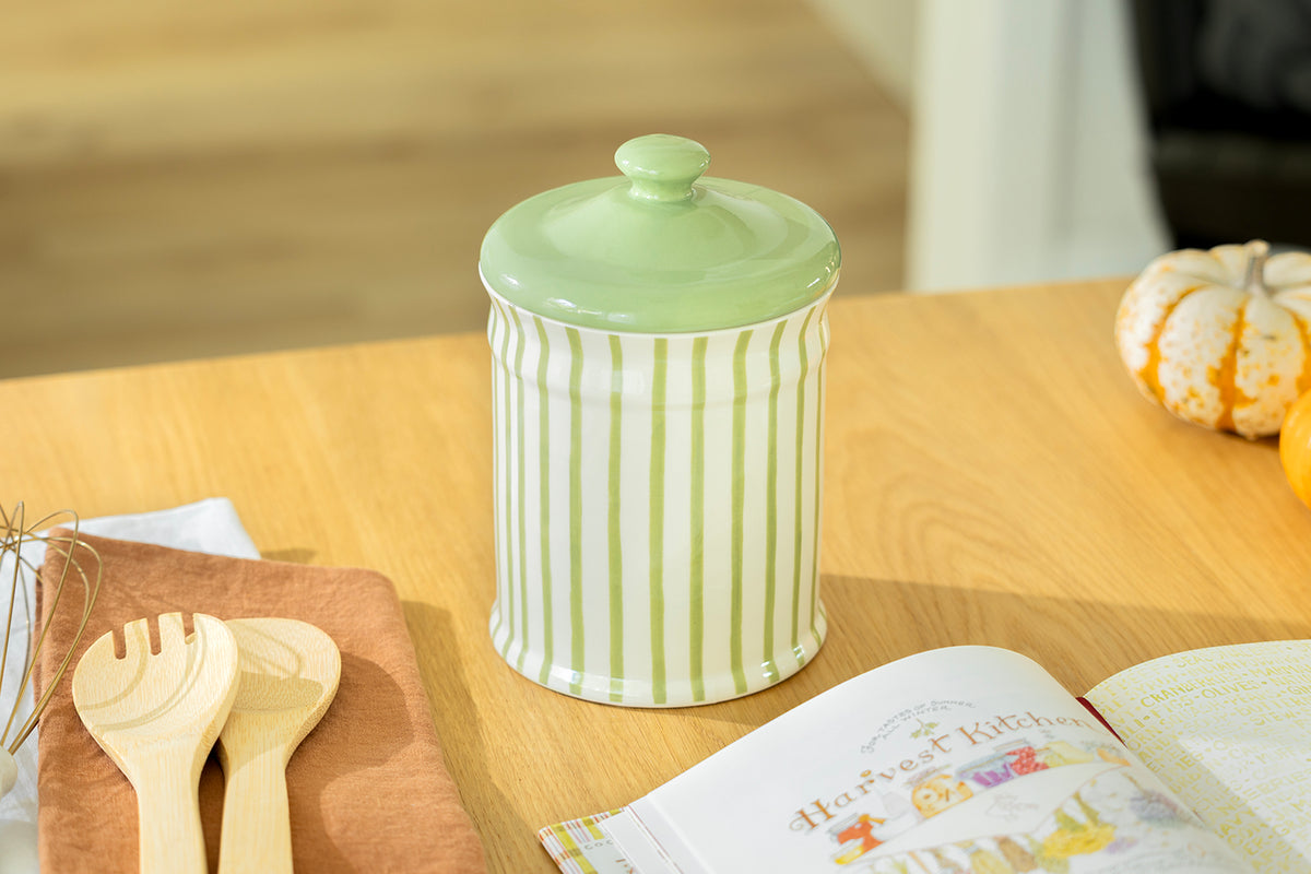 Green & White Stripes Canister with Lid – 2.5qt