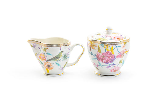 Spring Flowers with Bird Fine Porcelain Sugar & Creamer Set