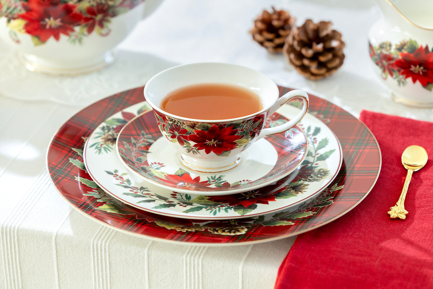 Poinsettia Pine Cone Fine Porcelain Tea Set