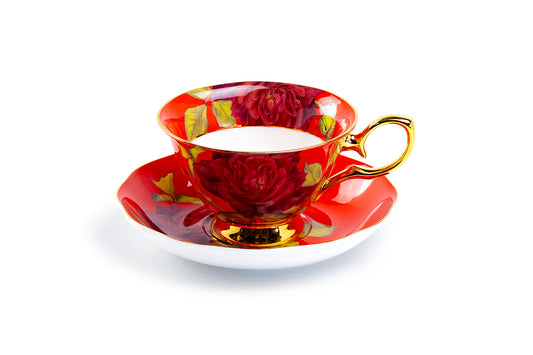 Gold Red Stem Rose Bone China Tea Cup and Saucer