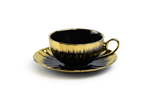 Black Gold Ripple Fine Porcelain Cup and Saucer