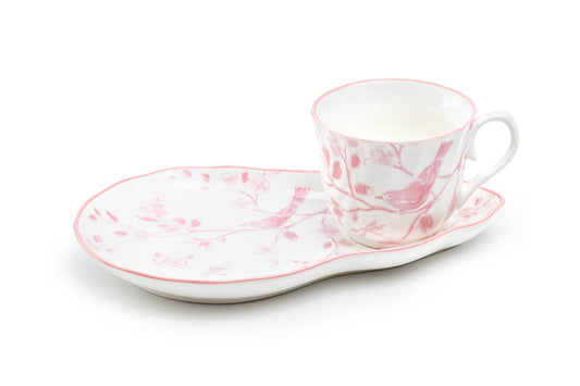 Pink Botanical Bird Fine Porcelain Tea Snack Set