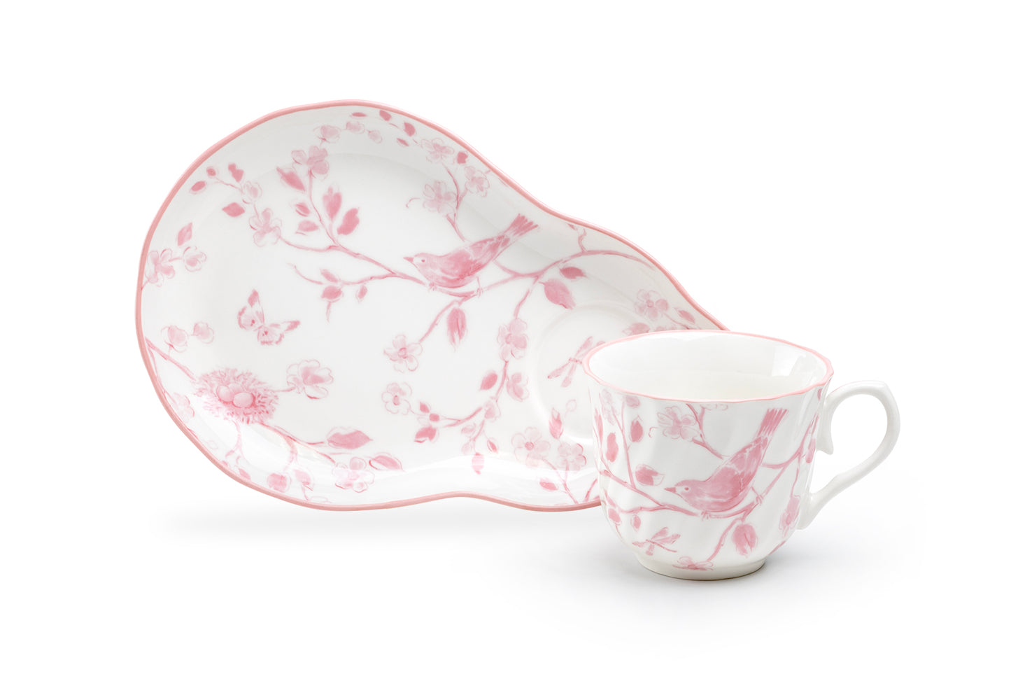 Pink Botanical Bird Fine Porcelain Tea Snack Set