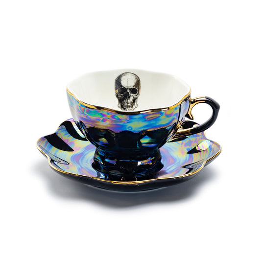 Skull Black Gold Luster Tea Cup and Saucer