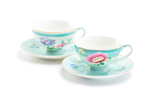 Mint Flower Garden Fine Porcelain Cup and Saucer Set of 2