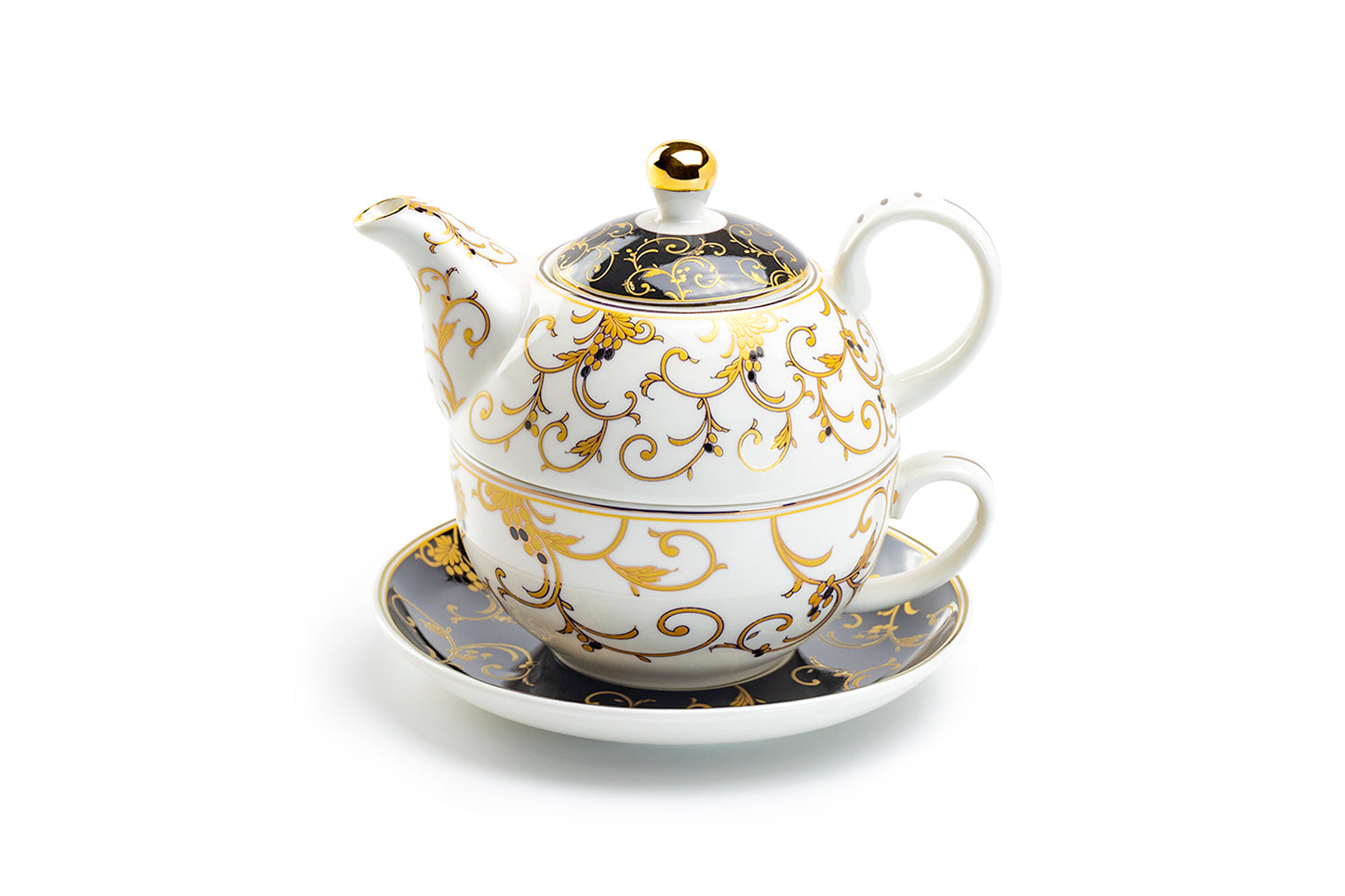 Black Gold Scroll Fine Porcelain Tea For One Set