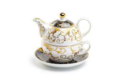 Black Gold Scroll Fine Porcelain Tea For One Set