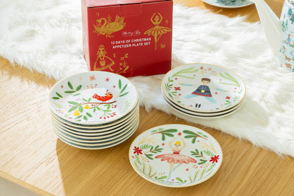 12 Days of Christmas Fine Porcelain Appetizer Plate Set - Gift Box Version