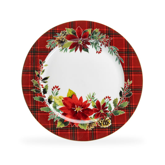 Poinsettia Pine Cone Plaid Fine Porcelain Dinner Plate