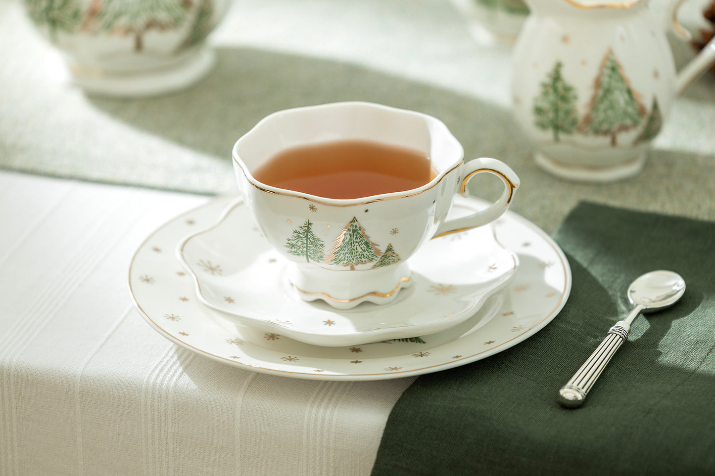 Christmas Pine Trees Fine Porcelain Tea Cup and Saucer