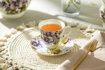 Purple Pansy Bone China Tea Cup and Saucer