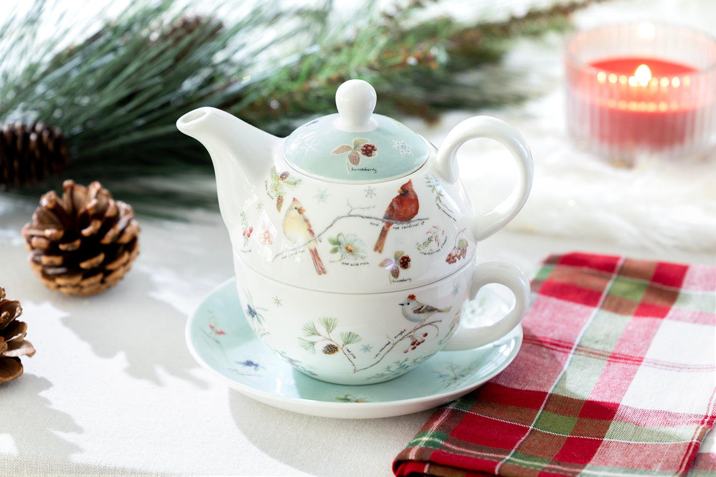 Winter Cardinals Fine Porcelain Tea For One Set