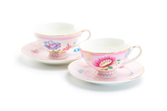 Pink Flower Garden Fine Porcelain Cup and Saucer Set of 2