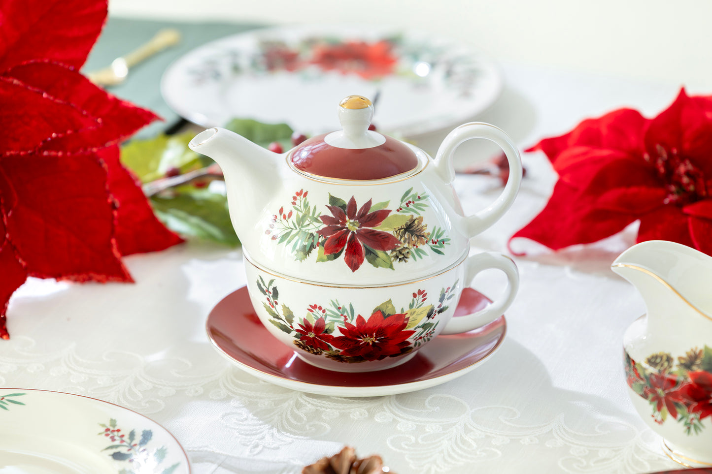 Poinsettia Pine Cone Fine Porcelain Tea For One Set