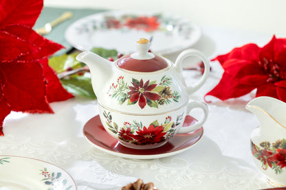 Poinsettia Pine Cone Fine Porcelain Tea For One Set