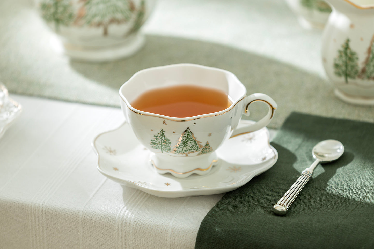 Christmas Pine Trees Fine Porcelain Tea Cup and Saucer