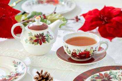 Poinsettia Pine Cone Fine Porcelain Tea For One Set