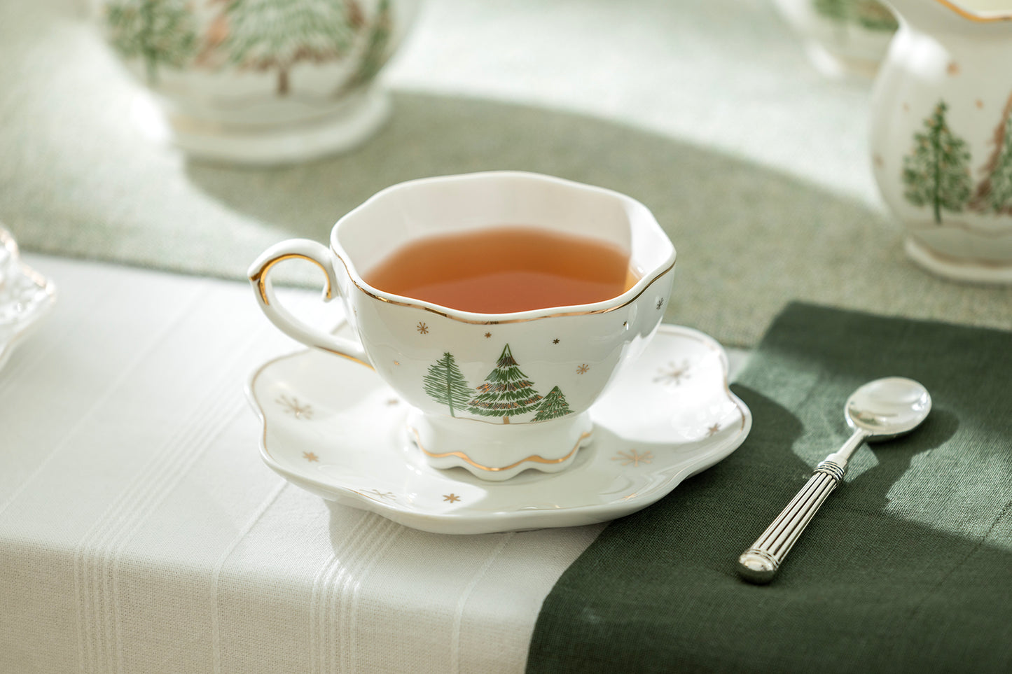 Christmas Pine Trees Fine Porcelain Tea Cup and Saucer