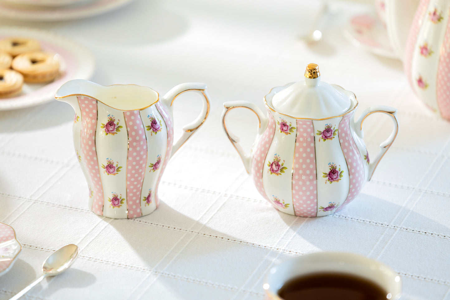 Pink Polka Dot Rosebud Scallop Fine Porcelain Sugar & Creamer Set