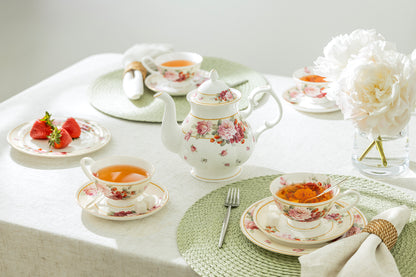 Peony and Strawberry Cream Bone China Tea Set