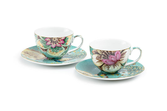 Peacock Lotus Garden Green Fine Porcelain Cup and Saucer Set of 2