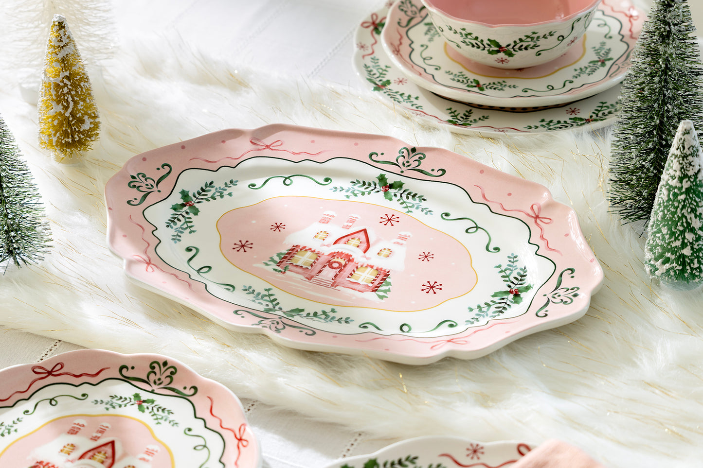 Christmas House Pink Serving Platter